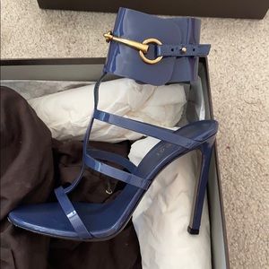 Gucci Ursula Patent Ankle-Wrap Cage Sandal